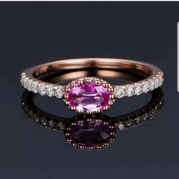 14k rose gold Plated pink sapphire S925 new ring - Picture 2 of 4